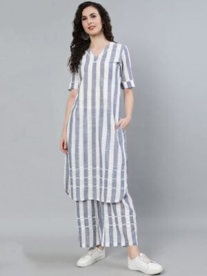 blue striped kurti and palazzo set. The straight-fit kurti has short sleeves, a V-neckline, and side pockets. Both the kurti and the wide-legged pants are decorated with a horizontal white lace or crochet-style